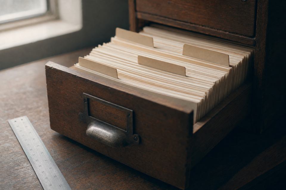 An open wooden index card drawer pulled out on a desk, hundreds of cream cards on edge with blank tabbed dividers, a steel rule beside it.