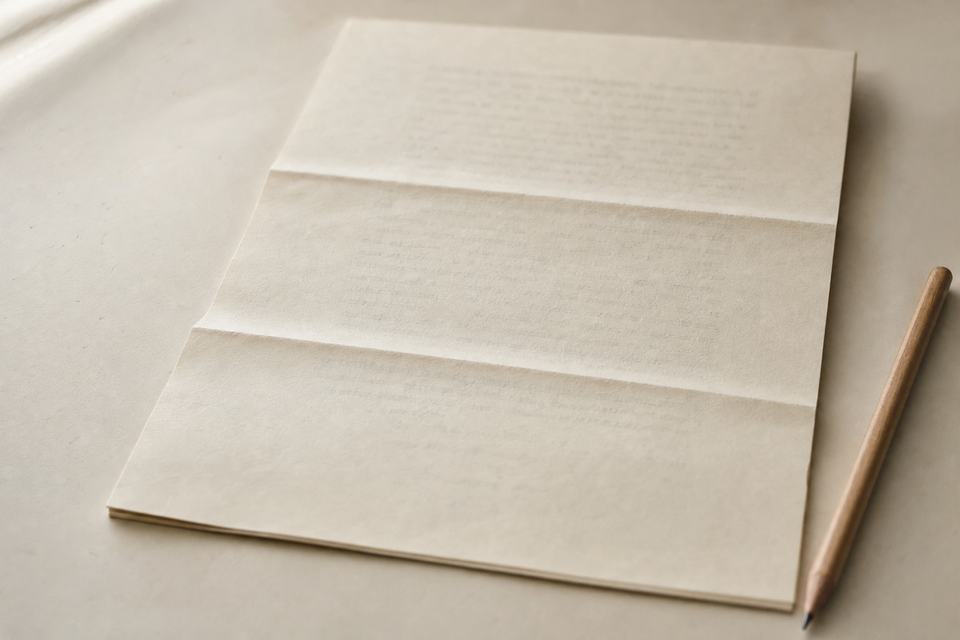 A letter folded in thirds lying on a paper desk surface, typed lines faintly showing through, a wooden pencil beside it.