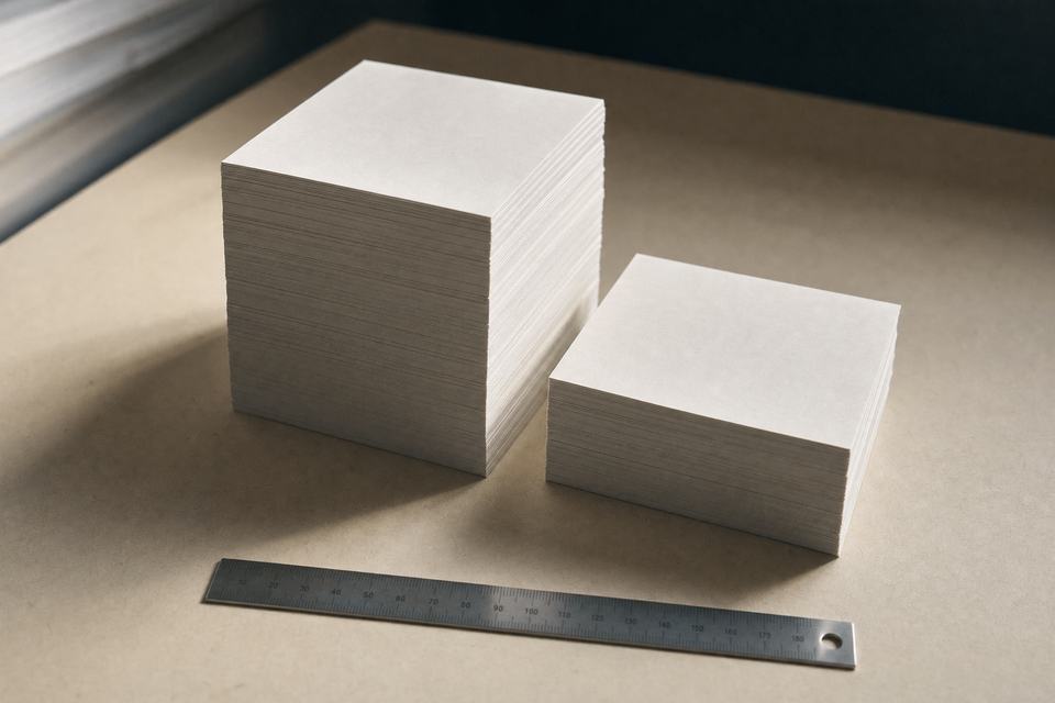 Two squared stacks of white paper side by side on a desk, the left about twice as tall as the right, a steel rule lying in front.