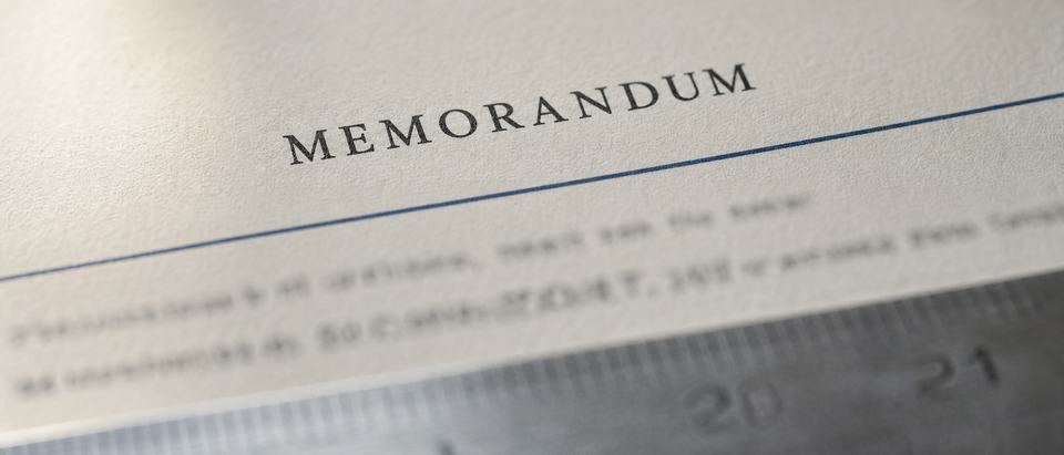 A close crop of a printed memo heading reading MEMORANDUM above a single dark blue rule, the lines beneath falling out of focus.